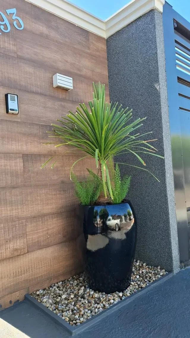 Vaso preto arredondado em fachada residencial